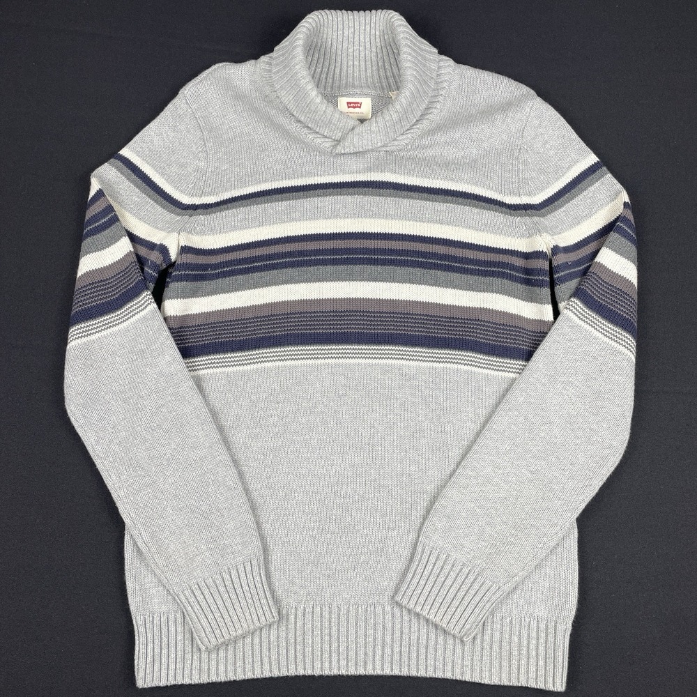 Levi's Mock Neck Sweater Mens Medium Gray Striped Knit Pullover Cotton Blend
